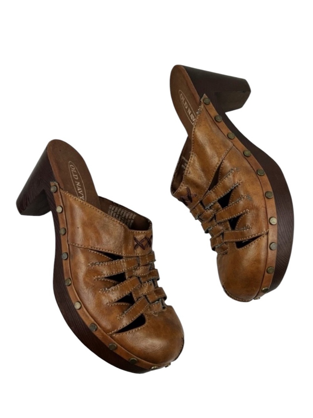 Old Navy Tan Brown Faux Leather Studded Platform Mules Size 7
